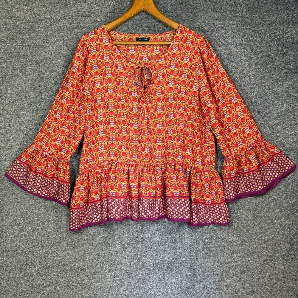 Max Edition Blouse Womens XL Boho Floral Peplum Orange Purple‎ Bell Sleeve